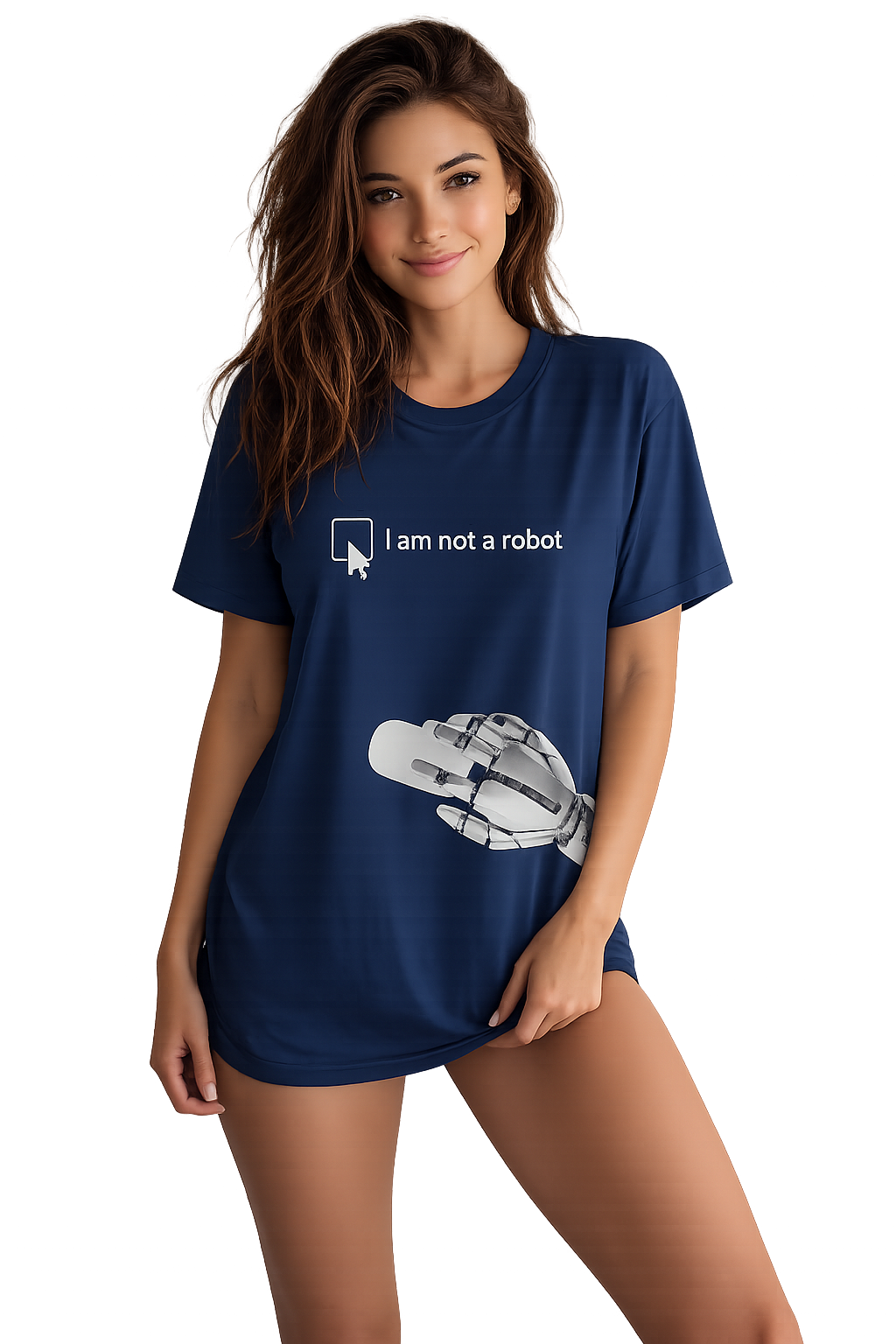 A woman modeling a navy blue short-sleeve t-shirt with a white graphic that reads 'I am not a robot' next to a computer mouse icon, and a large white robotic hand graphic below it.
